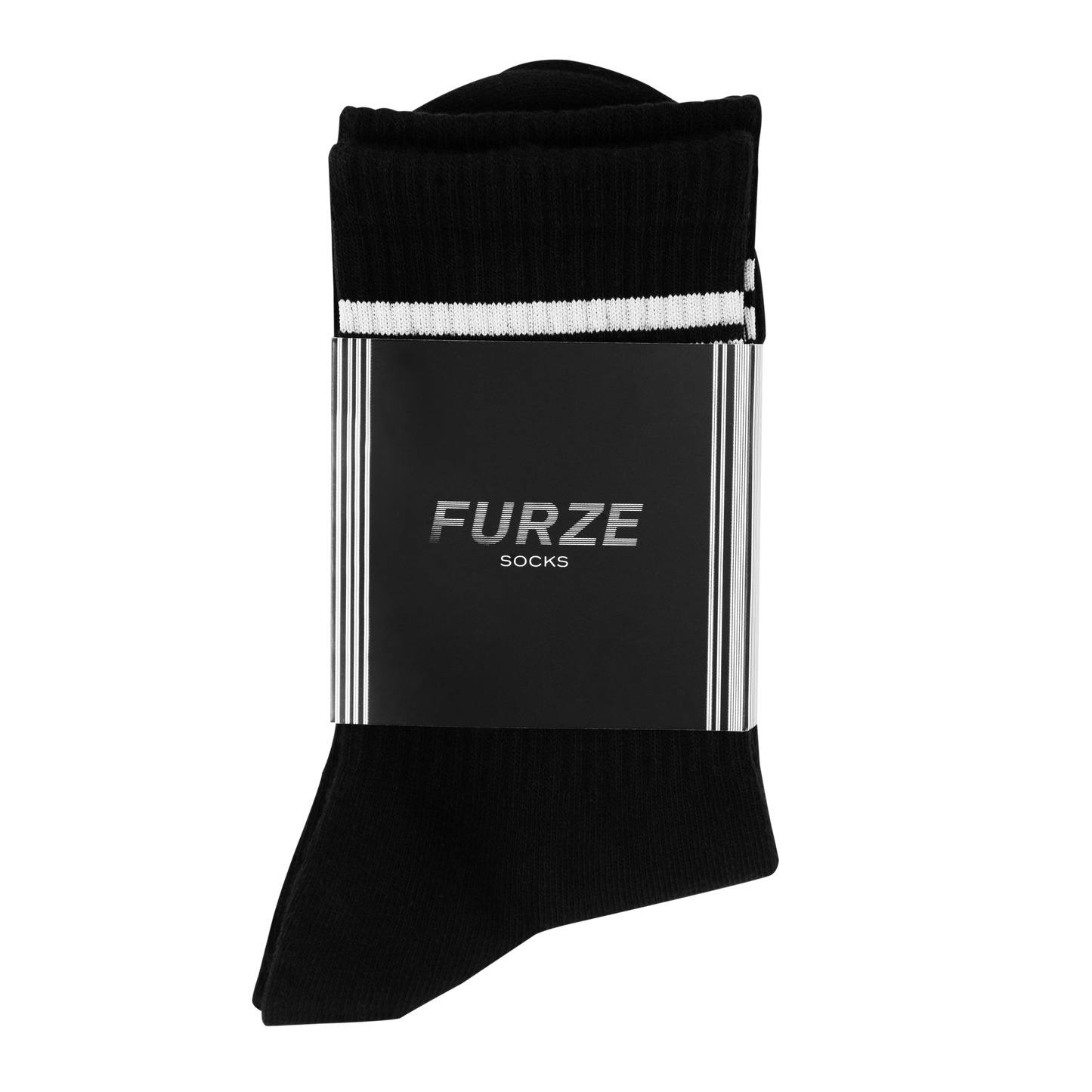 Black sock with white stripes and 'FURZE' branding on