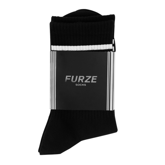 Black sock with white stripes and 'FURZE' branding on