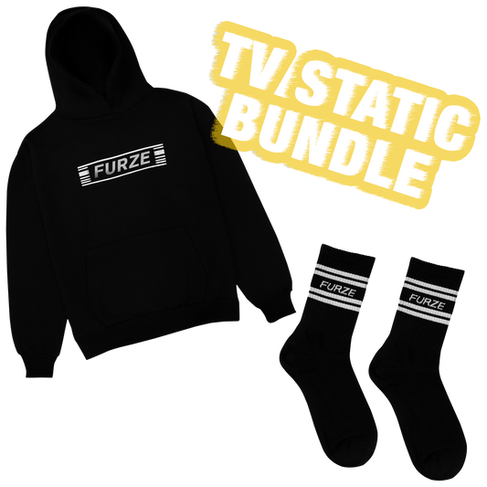 Black hoodie and socks with 'FURZE' branding and image labeled 'TV Static Bundle'.